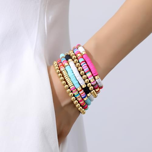 XIANNVXI 7pc Heishi Clay Bead Bracelets for Women Gold Plated Beaded Bohemian Stackable 6.8In Stretch Bracelets Elastic Layering Friendship Jewelry Boho Gift Set - color: Pink Blue