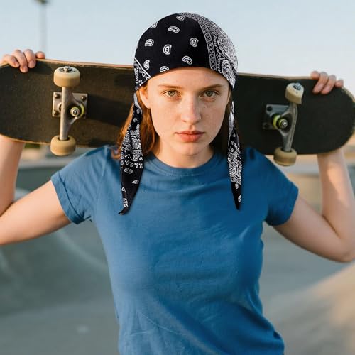 Ababalaya Chemo Headwear for Women Softer Headcover with Longer Tails, Breathable Skull Cap Non-Slip Sleep Beanie - color: Blackpaisley