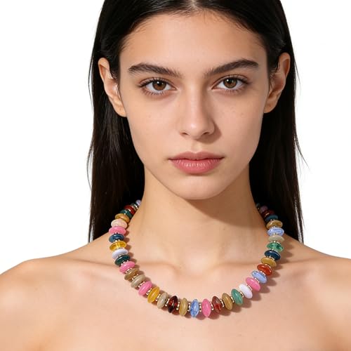 PINK TOWN Chunky Colourful Beaded Necklace for Women,Resin Acrylic Candy Color Clavicle Necklace Boho Gemstone Beaded Necklaces Statement Puff Jewelry for Summer Vacation - color: B