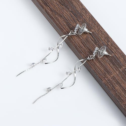Temperament Long Zircon Tassel Earrings for Women Charm Jewelry Sparkling Crystal Leaves Twist Dangle Earrings for Friends - color: Silver