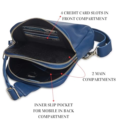 Leather Sling Bag for Women Genuine Crossbody Purse Small Trendy Cross Over Chest with Phone and Credit Card Slots (Sapphire Blue Nappa) - color: Sapphire Blue Nappa