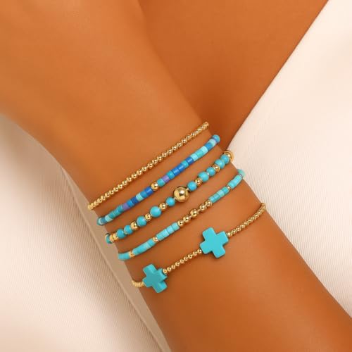 Gold Beaded Cross Bracelet for Women, 14K Plated Adjustable Stackable Dainty Bracelets, Non Tarnish Fashion Jewelry Set Gifts for Women Birthday Friendship - color: Colors-6