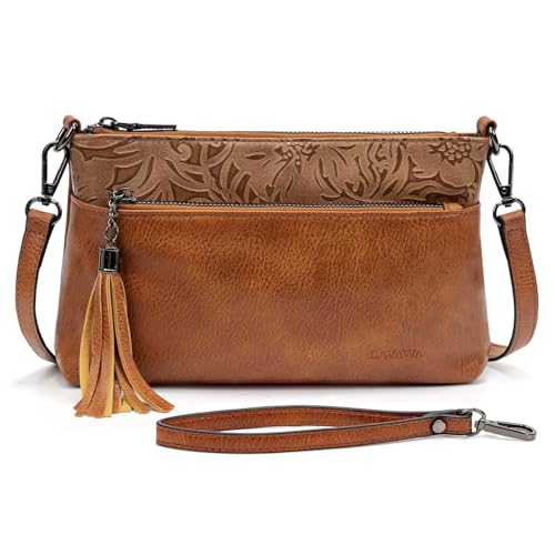 LAVAWA Women's Crossbody Handbag Small Vintage, Ladies Wallet Western Adjustable Phone Purse Clutch Turquoise Concho Embossed - color: Brown3