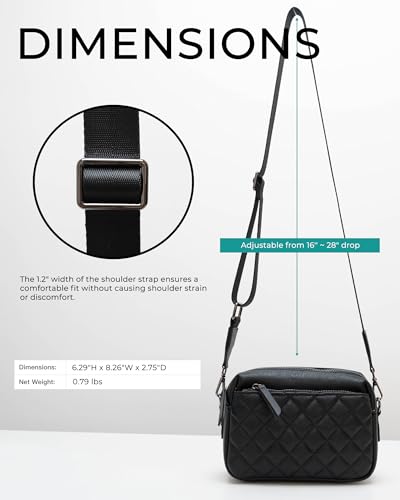 Alldaily Small Triple Zip Crossbody Purse for Women, Vegan Leather Phone Bag with Wide Shoulder Strap - color: Quilted Black