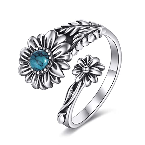 POPLYKE Sterling Silver Spoon Ring Vintage Thumb Rings Boho Adjustable Open Ring Statement Jewelry Gifts for Women - style: Turqouise Daisy