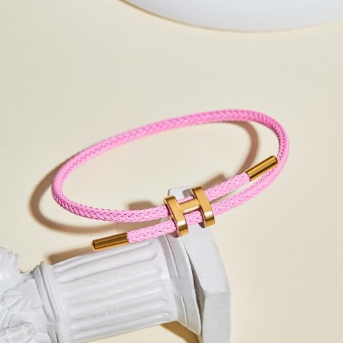 AIMADE Bracelets for Women Adjustable Charm Bracelet, 18k Gold-plated Buckle Design Titanium Steel Wire Rope Women's Gift Jewelry - color: rose-pink