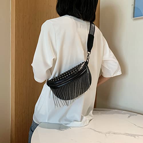 GLT.ETL Fanny pack Chest Bag For women Faux leather Fringe Quilted Waist Bum Cross body Bags Rivet studded Tassel Purses (Black) - color: Black