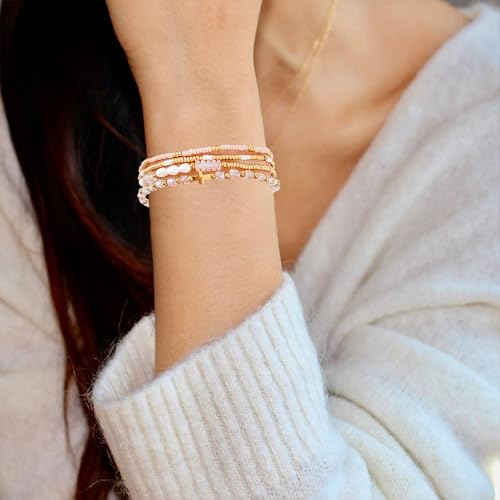 Dainty Gold Plated Pearl Crystal Beaded Bracelets Set for Women 14K Gold Plated Bead Pearl Beads Bracelet Stackable Paperclip Link Chain Bracelets Gold Plated Bracelets for Women Trendy Jewelry - color: Style3-gold cross pcs