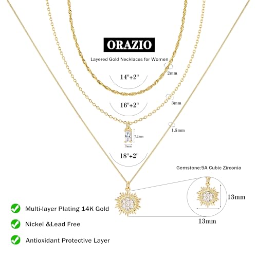 ORAZIO Gold Necklaces for Women,Layered Gold Necklace,14K Gold Plated Pendant Necklaces,Simple Choker Necklaces Set, Dainty Gold Chain Necklaces,Trendy Gold Stacked Jewelry Gifts for Women - color: 3Pcs/Wave & Box & CZ