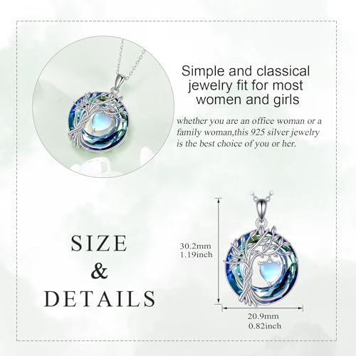 POPLYKE Mothers Day Gifts for Mom Her Wife Tree of Life Necklace 925 Sterling Silver Birthstone Pendant with Crystal Anniversary Birthday Wedding Jewelry for Women - color: 06-Jun-Moonstone, style: White Gold Plated-Blue Crystal