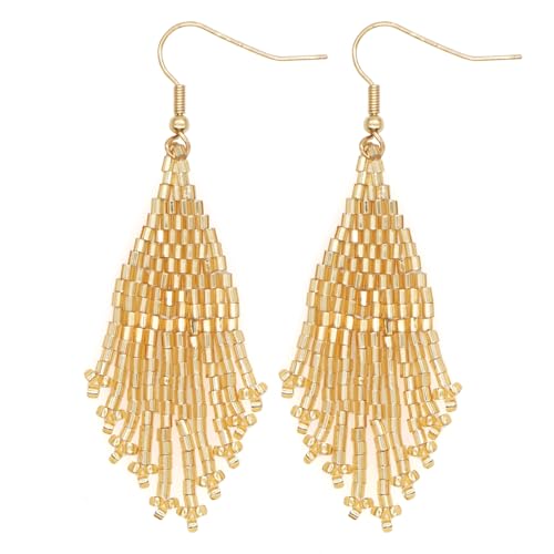 Bohemian Beaded Long Tassel Dangle Earrings for Women, Handmade Jewelry White Tarnish Resistant Lightweight Design, Stylish Accessory for Beach Vacation Party and Gift - color: Gold-2