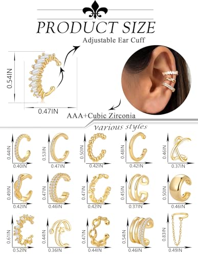 AKEOQI 16 Pcs Ear Cuff Earrings Non Piercing Cubic Zirconia Ear Cuffs for Women Silver Gold Plated Clip on Cartilage Helix Wrap Fake Earrings Jewelry - color: Gold