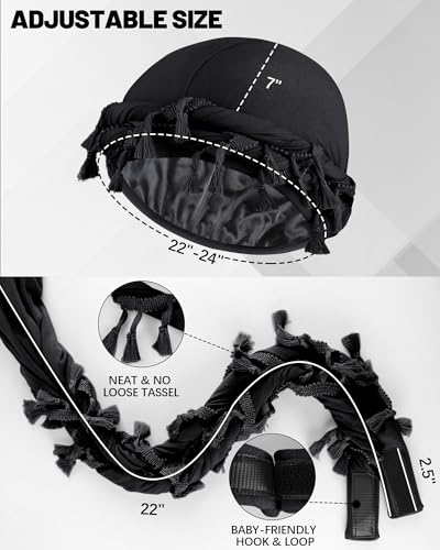 Ababalaya Adjustable Satin Lined Halo Turban Durag for Men &Women Twisted Tassel Head Wraps - color: Black