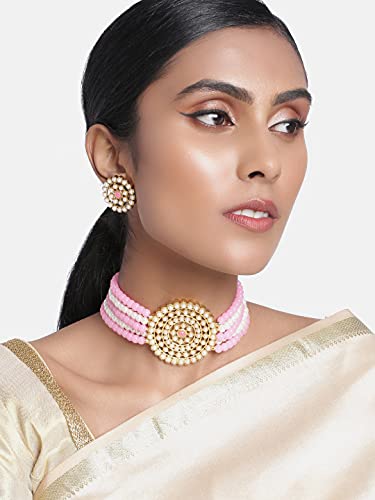 Aheli Pearl Diamond Choker Necklace & Round Earrings Gift for Women Indian Traditional Bollywood Fashion Bharatanatyam jewellery set - color: Pink & White