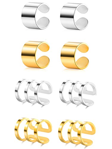 Tornito 4-10 Pairs Stainless Steel Ear Cuff Helix Cartilage Clip On Wrap Earrings Fake Nose Ring Non-Piercing Adjustable - color: B3:4 Pairs, Silver&Gold Tone