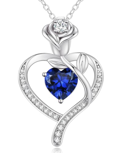 LOUISA SECRET Rose Flower Heart Birthstone Necklaces for Women, 925 Sterling Silver Jewelry, Pendant Heart Necklaces Birthday Anniversary Christmas Gift for Women Wife Mom Girlfriend Lady - color: White Gold-09-Sep