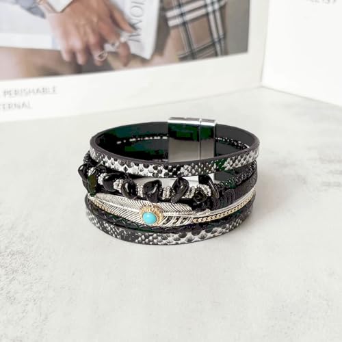 Turquoise Bracelet for Women, Boho Multilayer Leather Bracelet with Feather and Magnetic Clasp, Western Turquoise Jewelry - color: Black-Obsidian