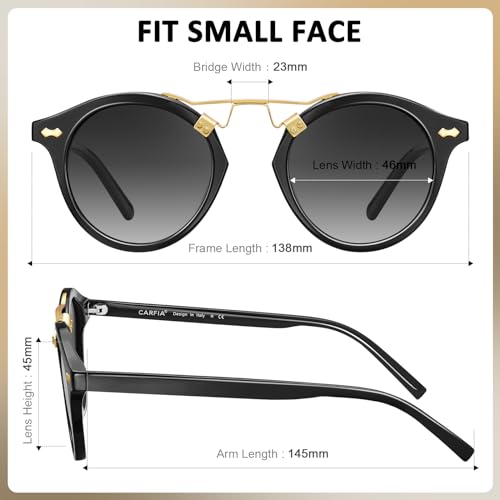 CARFIA Double Bridge Small Acetate Sunglasses for Women Polarized, Retro Metal Brow Ladies Sunnies Fashion Round Eyewears - color: Black