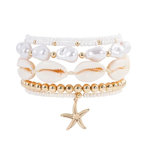 Shell Bracelet Seashell Boho Beaded Stretch Bracelets for Women Summer Beach Bracelets Starfish Charm Bracelet Stackable Gold Plated Bracelets Set for Women - color: a-shell bracelet