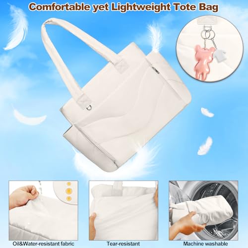 YFWE Puffer Tote Bag for women, Lightweight Tote Bag with Compartments for Work, Travel, School, Gym & Nurses - color: Cream