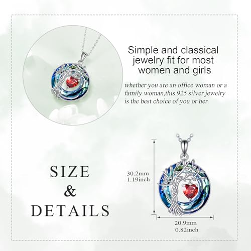 POPLYKE Mothers Day Gifts for Mom Her Wife Tree of Life Necklace 925 Sterling Silver Birthstone Pendant with Crystal Anniversary Birthday Wedding Jewelry for Women - color: 01-Jan-Garnet, style: White Gold Plated-Blue Crystal