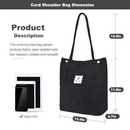 Corduroy Tote Bag for Women Small Canvas Shoulder Purse Cord Handy Bag with Inner Pocket | with Front Pocket - color: 02 Black