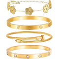 Womens Stackable Floral Gold Bracelets - 4Pcs 18K Gold Plated Bracelet,Stainless Steel Bangle Bracelets Non Tarnish, Gold Bracelet Set Trendy Jewelry,Christmas Valentines Birthday Gifts for Girlfriend - color: Bracelets Stack 4Sets (Floral Gold Bracelets,