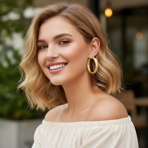Gold Hoop Earrings for Women 14K Gold Earrings for Women Thick Large Earrings Gold Huggie Earring Womens Lightweight Hypoallergenic - color: Wheat Gold