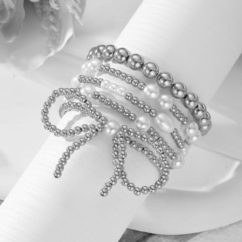 Gold Bow Beaded Bracelet Set for Women Stackable Bow Pearl Bracelets Fashion Stretch Bracelet Adjustable Charm Bracelets Stackable Beaded Chain Set for Her