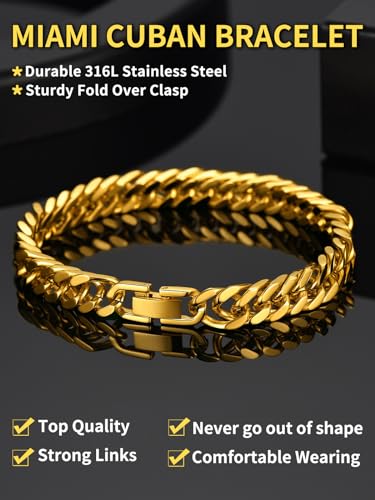 ChainsHouse Stainless Steel Cuban Link Bracelet, 8mm/12mm/17mm Width, 7.5"/8.3"/9", 18K Gold Plated Chain Wrist Bracelets for Men Women, Send Gift Box - color: L: Gold-8mm width