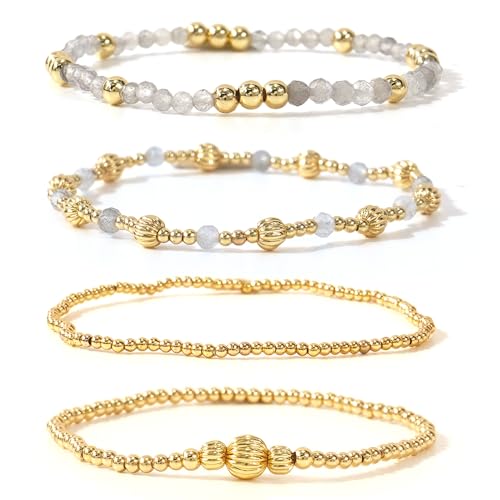 Dainty 14K Gold Lantern Beaded Bracelets Stack for Women,4PCS Colorful Glass Beads Stretch Stackable Bracelets Set Fashion Prom Jewelry Gift Friendship - color: White