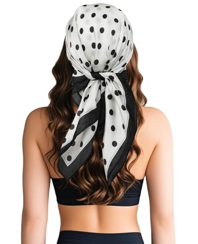 Sumolux Head Hair Scarf for Women Like Satin Silk Scarf Bandana Hair Wrapping Night Large Square Scarves 27.5" - color: White Black Polka Dots