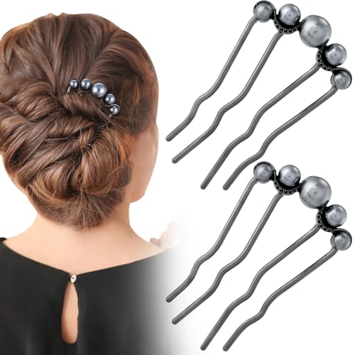 2 Pcs Pearl Hair Pins U Shaped, Elegant Vintage French Pearl Hair Comb, French Twist Hair Pin for Brides, Bridesmaid, Party, Daily, Holiday (Gun Black) - color: Gun Black