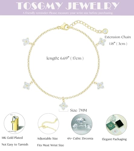 Dainty Silver Gold Bracelets for Women Trendy Non Tarnish 14K Gold Plated Cute Clover Bracelet Stackable Daisy Cubic Zirconia Diamond Charm Bracelet Stack Waterproof Jewelry Gifts - color: D- Charm Bracelet- Gold
