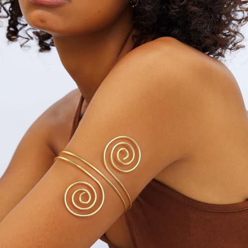 FUNRUN JEWELRY Arm Cuff Upper Arm Band for Women Gold Arm Cuff Bangle Bracelets Adjustable Coil Swirl Armlet ArmBand Jewelry,3-4Pcs - color: B:Gold tone