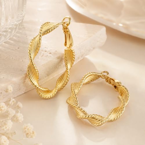 Gold Hoop Earrings for Women 14K Gold Earrings for Women Thick Large Earrings Gold Huggie Earring Womens Lightweight Hypoallergenic - color: Gold