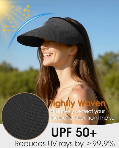 Senker Fashion Sun Hats Visor for Women, Straw Beach Hat Adjustable Wide Brim Ponytail Packable for Summer Travel UPF 50+ - color: Black
