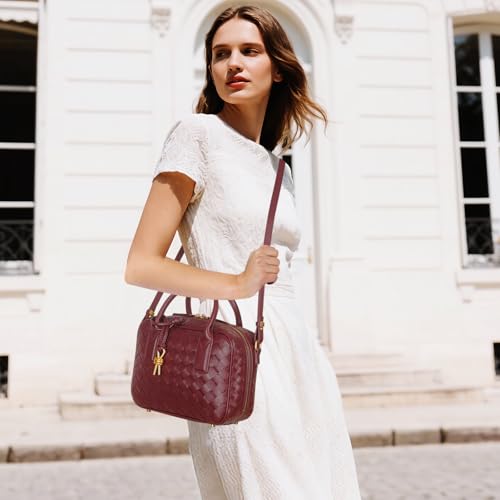Women's Handmade Woven Top-handle Bag Fashion Leather Shoulder Handbag Crossbody Purse Woven Purse for Women - color: Burgundy