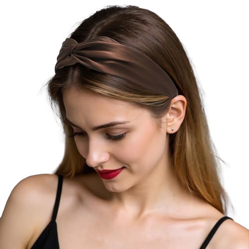 ZLYC Mulberry Silk Headband Elastic Twist Knotted Head Bands for Women's Hair, Solid Coffee - color: Solid Coffee