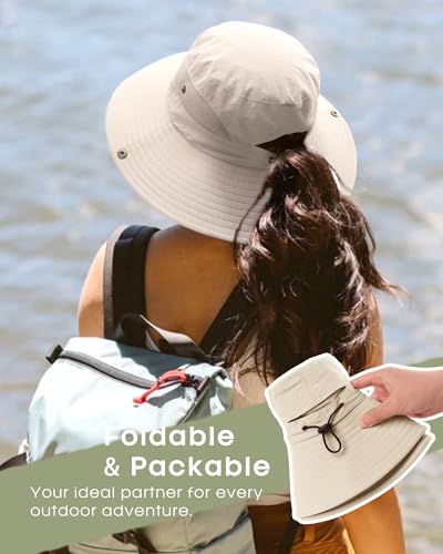 FURTALK Womens Sun Hat with Ponytail Hole Beach Hiking Summer Wide Brim UPF 50+ Outdoor Protection Foldable Bucket Hat - color: Beige