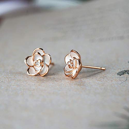 AllenCOCO Rose Flower Stud Earrings for Women Sensitive Ears, Hypoallergenic Cute Gold And Silver Rose Flower Earrings Studs for Women Nickel Free - color: White flower/Rose gold, size: 0.35