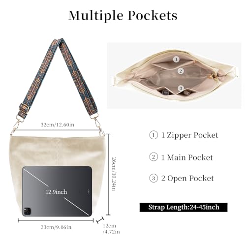 Hobo Bags for Women Crossbody Bag Guitar Strap Purse Vegan Leather Shoulder Handbags Boho Purses Tote Bucket Bag - color: Beige