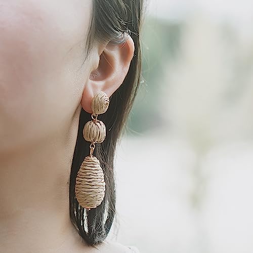 Boho Raffia Earrings Statement Dangle Earrings Cute Teardrop Ball Earrings Colorful Summer Jewelry Handmade Rattan Earrings for Women - color: Wheat