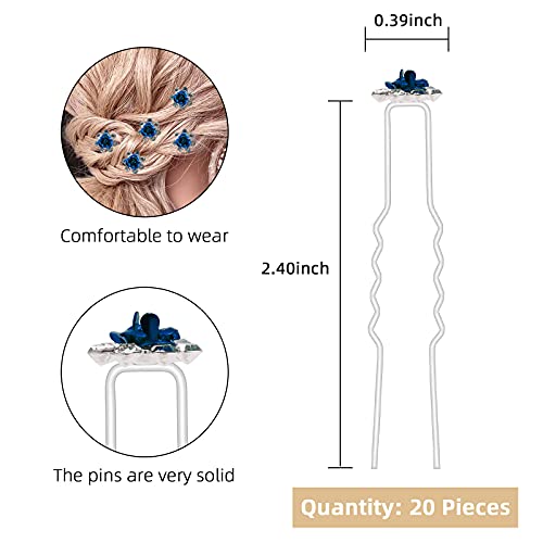 QIUTIMIY 20 Pack (Navy) Crystal Hair Pins Rose Flower Rhinestone Hair Clips for Bridal Wedding Women Hair Jewelry Accessories, with Clear Container - color: Rose Flower-Navy