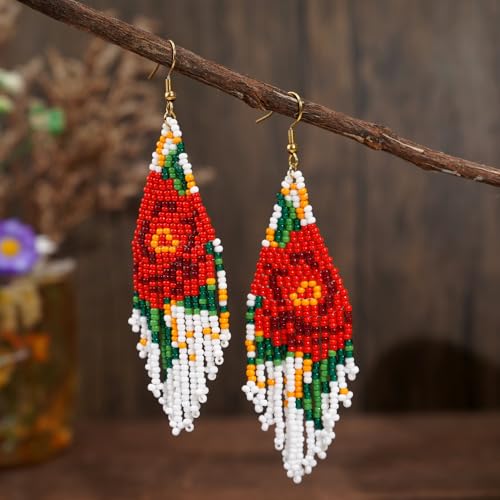 Bohemian Beaded Long Tassel Dangle Earrings for Women, Handmade Jewelry White Tarnish Resistant Lightweight Design, Stylish Accessory for Beach Vacation Party and Gift - color: colors-3