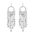 Bohemian Boho Tassel Dangle Drop Earrings for Women – Lightweight Filigree Gypsy Coin Chandelier Disc Charm Hoops – included Gift Box - style: Round - Silver