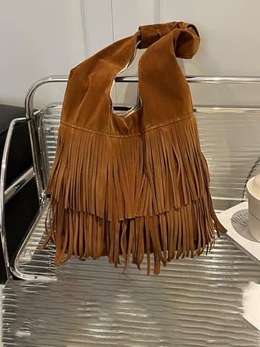 Faux Suede Tassel Shoulder Bag for Women, Vintage Minimalist Large Capacity Crossbody Bag with Retro Fringe Detail