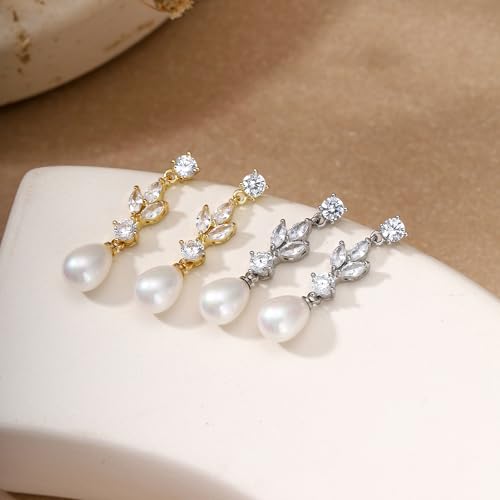 Pearl Earrings for Women Dainty Diamond Pearl Drop Earrings 14k Gold Plated Dangle Earrings for Women Weddings Gifts Bridesmaid Gifts - color: A-gold pearl earrings