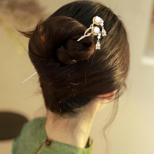 10 Pack Retro Gold Metal Long Hair Sticks Pins with Pearl Jade Dangles Tassels Pendants Chinese Hanfu Asian Flower Butterfly Hair Chopsticks Hair Picks Bun Forks Holders Hairpins