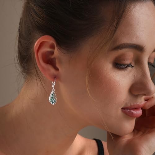 LeCalla 925 Sterling Silver Filigree Dangle Drop Leverback Earrings for Women | Long 925 Silver Dangle Leverback Earrings Hypoallergenic Filigree Tear drop Earrings Jewelry - style: Filigree Green Turquoise-35mm